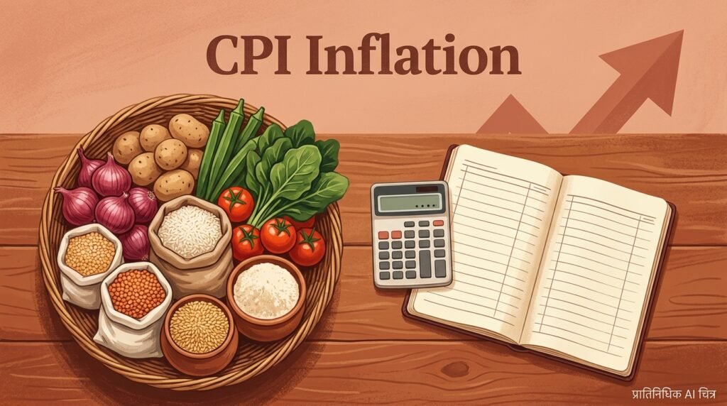 CPI Inflation दर्शवणारी भाजीपाला आणि धान्याची टोपली, कॅल्क्युलेटर व घरखर्चाची वही — प्रातिनिधिक AI चित्र