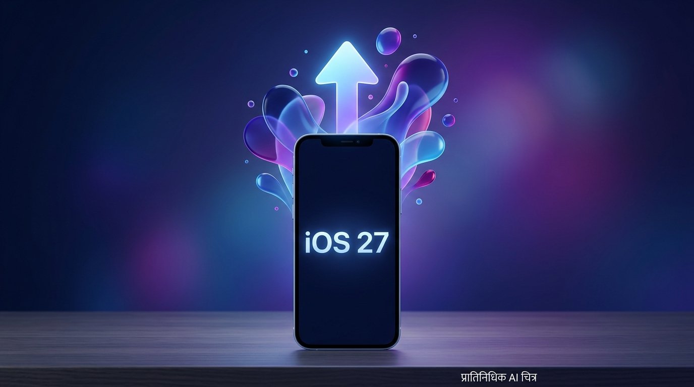 iOS 27 अपडेट दर्शवणारा स्मार्टफोन, रंगीत काचेचे आकार आणि वर जाणारा बाण — प्रातिनिधिक AI चित्र
