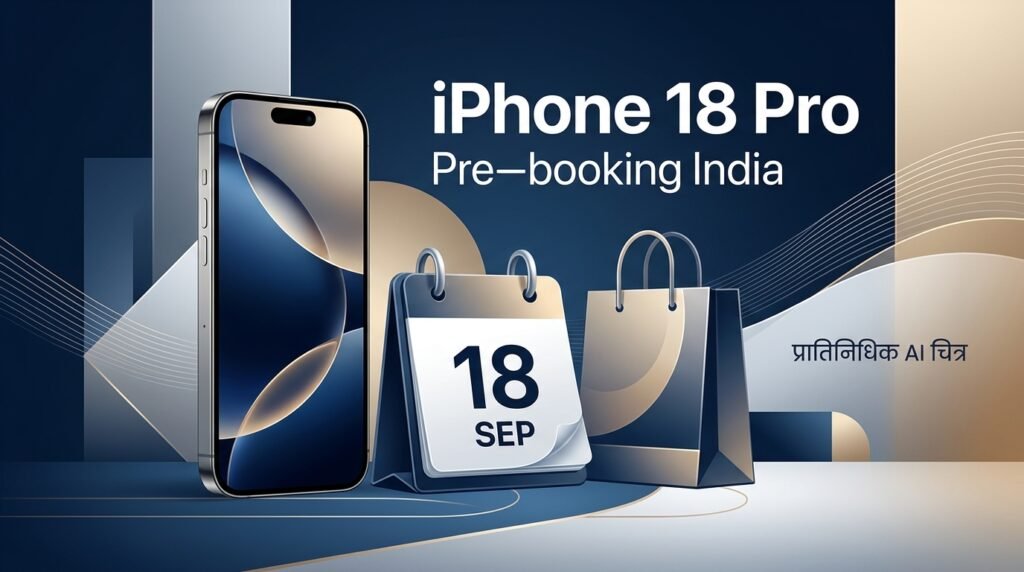 iPhone 18 Pro प्री-बुकिंगसाठी स्मार्टफोन, 18 सप्टेंबरचे कॅलेंडर आणि खरेदीची पिशवी दाखवणारे प्रातिनिधिक AI चित्र