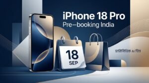iPhone 18 Pro प्री-बुकिंगसाठी स्मार्टफोन, 18 सप्टेंबरचे कॅलेंडर आणि खरेदीची पिशवी दाखवणारे प्रातिनिधिक AI चित्र